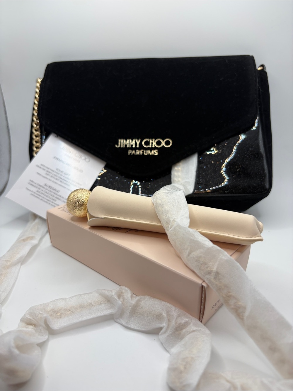 Jimmy Choo Black and Gold Glitter Evening Clutch w/ lipstick